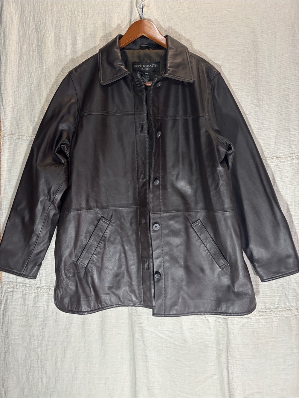 Vintage Centigrade Women's Dark Brown 100% Genuine Leather Button Car Coat Large